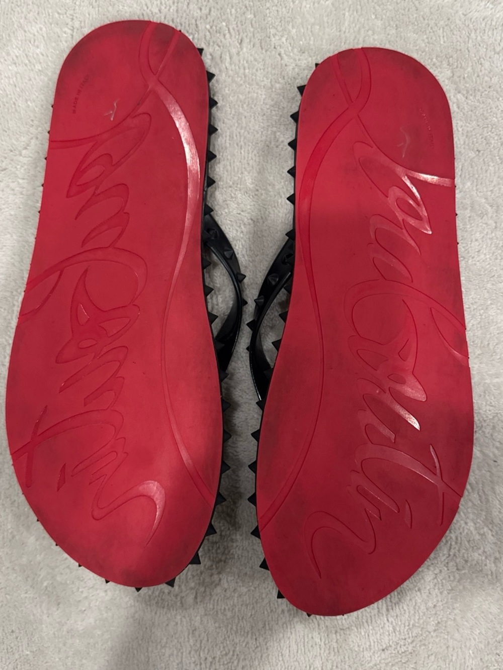 Christian Louboutin Black Flip-Flop Sandals with Red Soles and Spike Trim - Picture 3 of 3